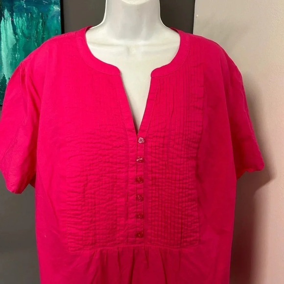 Woman Within Women's 2X (26/28) Pin Tuck Hot Pink Top Cotton Colorful Altered - Picture 2 of 12
